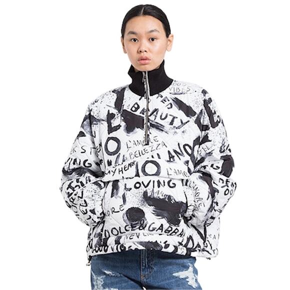 NWT Dolce & Gabbana Black White Graffiti Logo Print Bomber Jacket IT 38 US XS - Picture 1 of 13